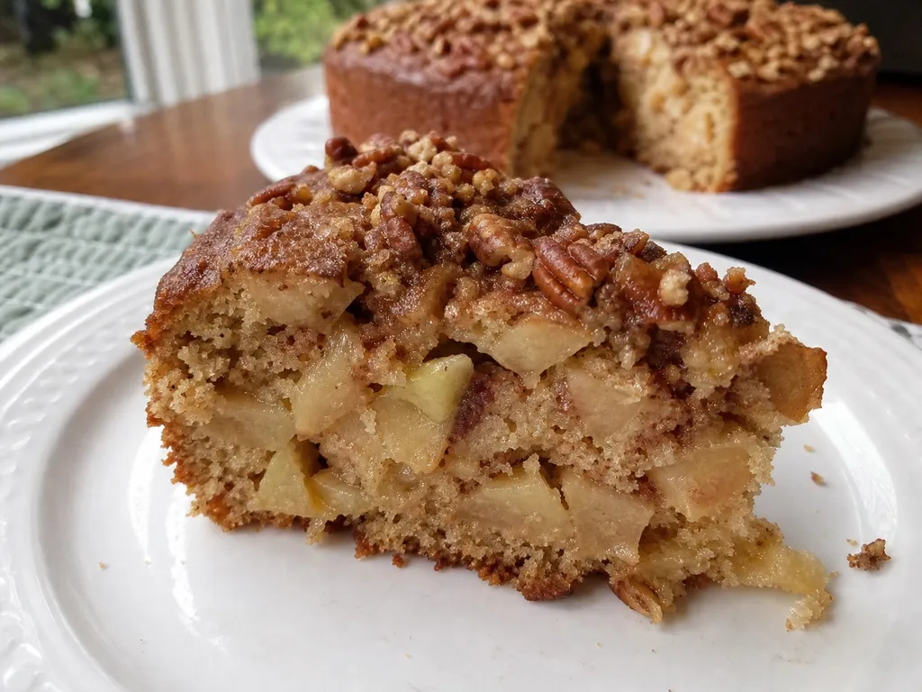 Abby's Pecan Apple Cake — plated and served