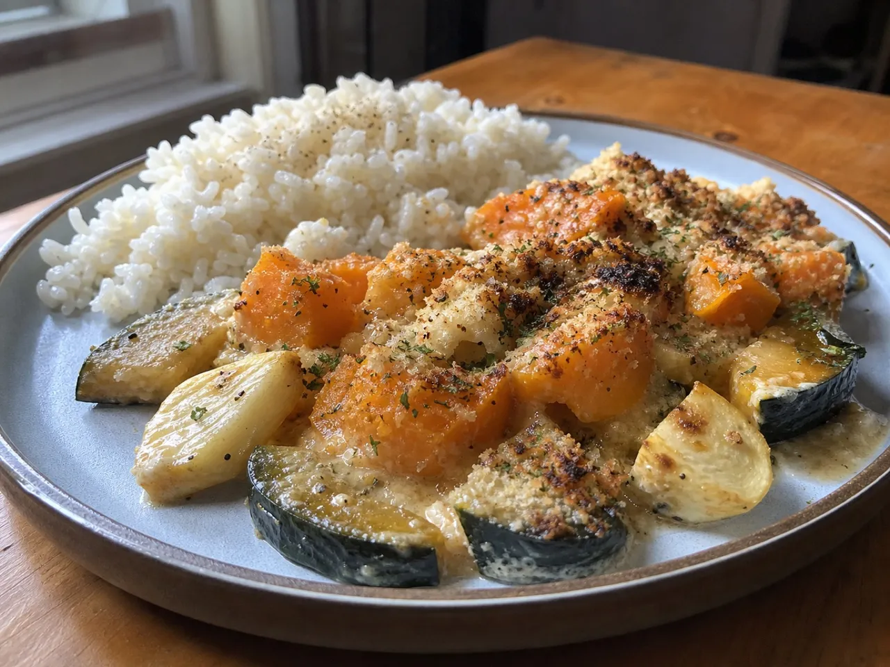 Acorn, Butternut Squash and Parsnips Gratin — served