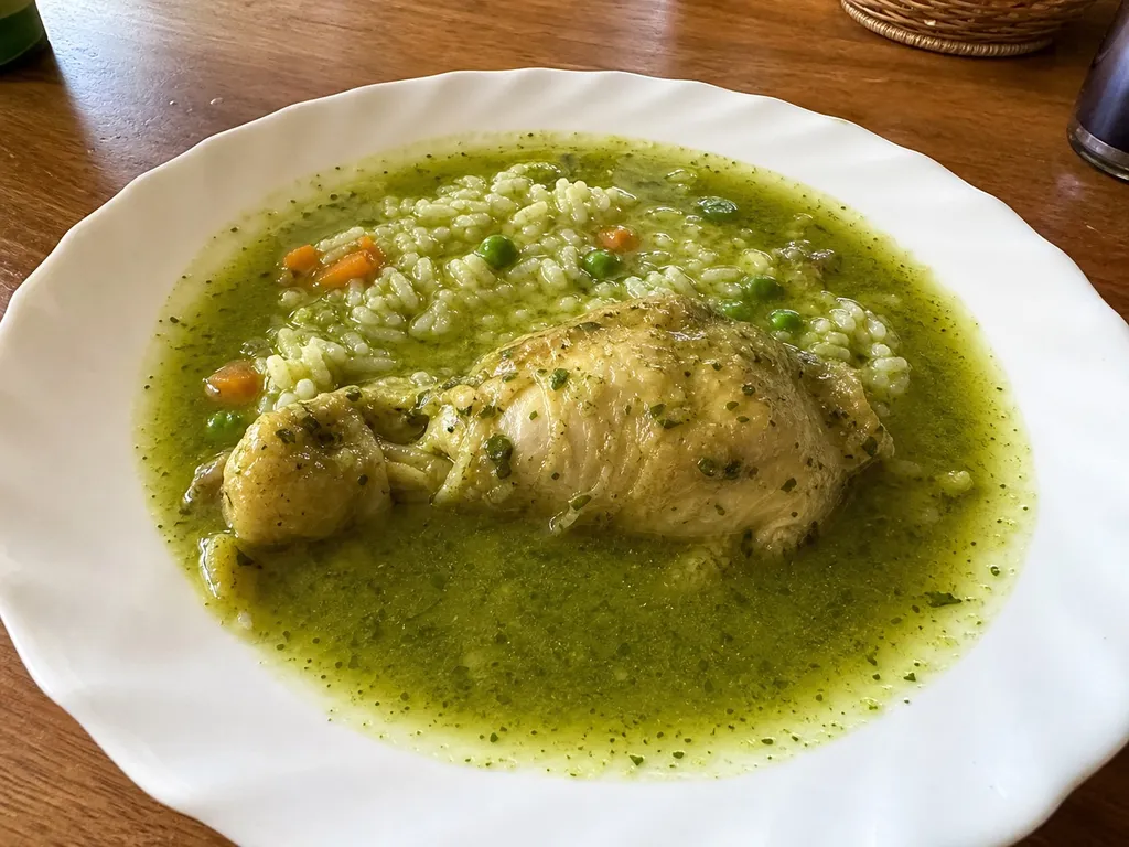 Aguadito de Pollo (Peruvian Green Chicken Soup) — plated and served