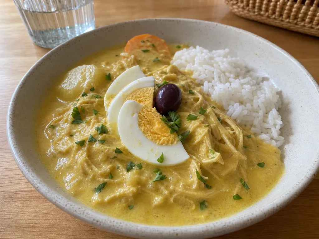 Aji de Gallina (Creamy Chicken Stew) — plated and served
