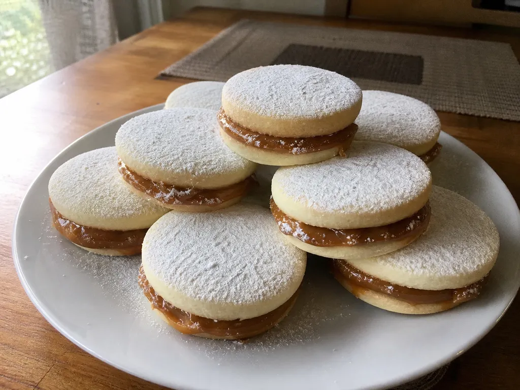 Alfajores (Peruvian Dulce de Leche Sandwich Cookies) — plated and served