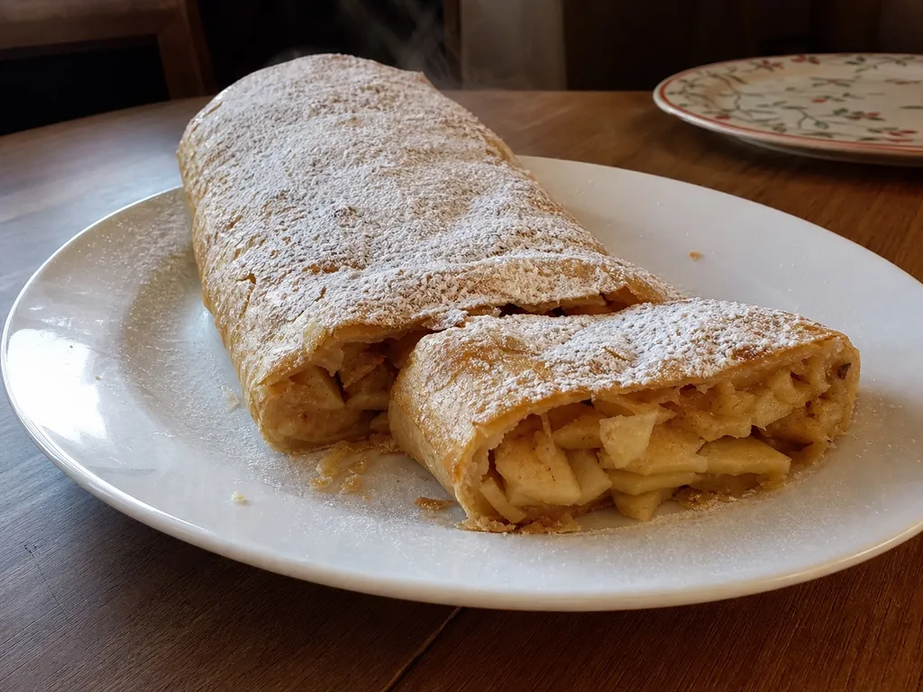 Apfelstrudel (German Apple Strudel) — plated and served