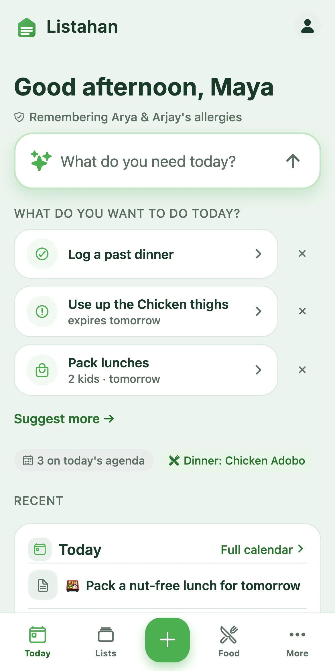 Listahan Home screen: a family's day at a glance — allergy-aware greeting, suggested actions like packing a nut-free lunch, and tonight's dinner
