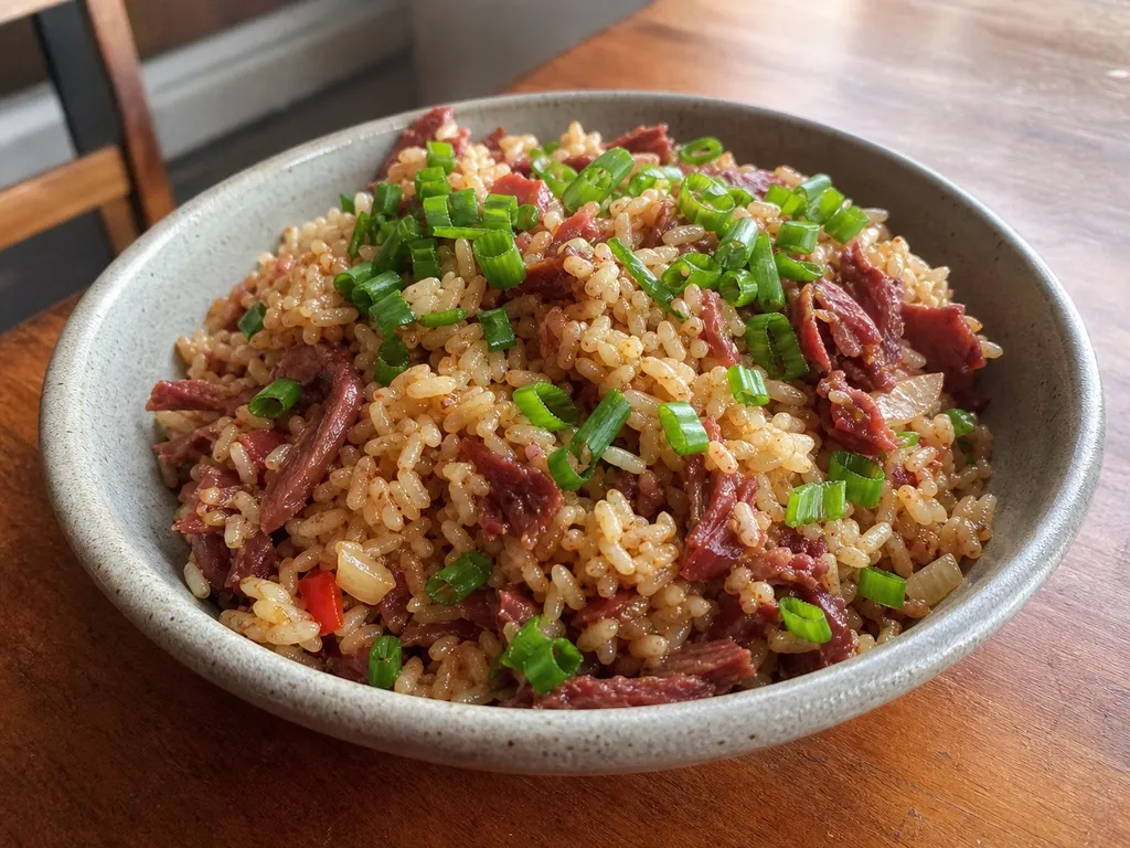 Arroz Carreteiro (Brazilian Rice with Dried Beef) — plated and served
