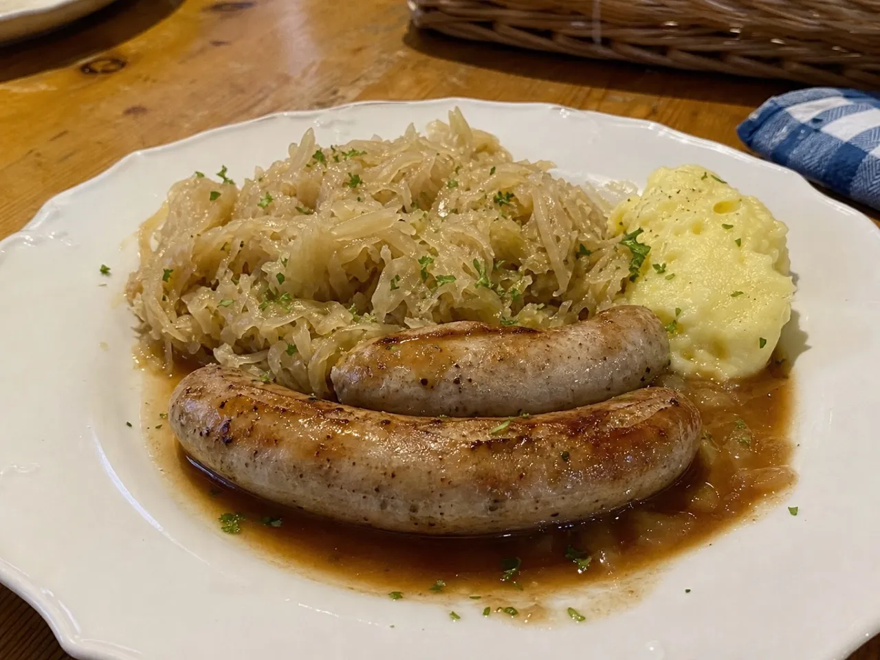Authentic Bratwurst with Sauerkraut — served