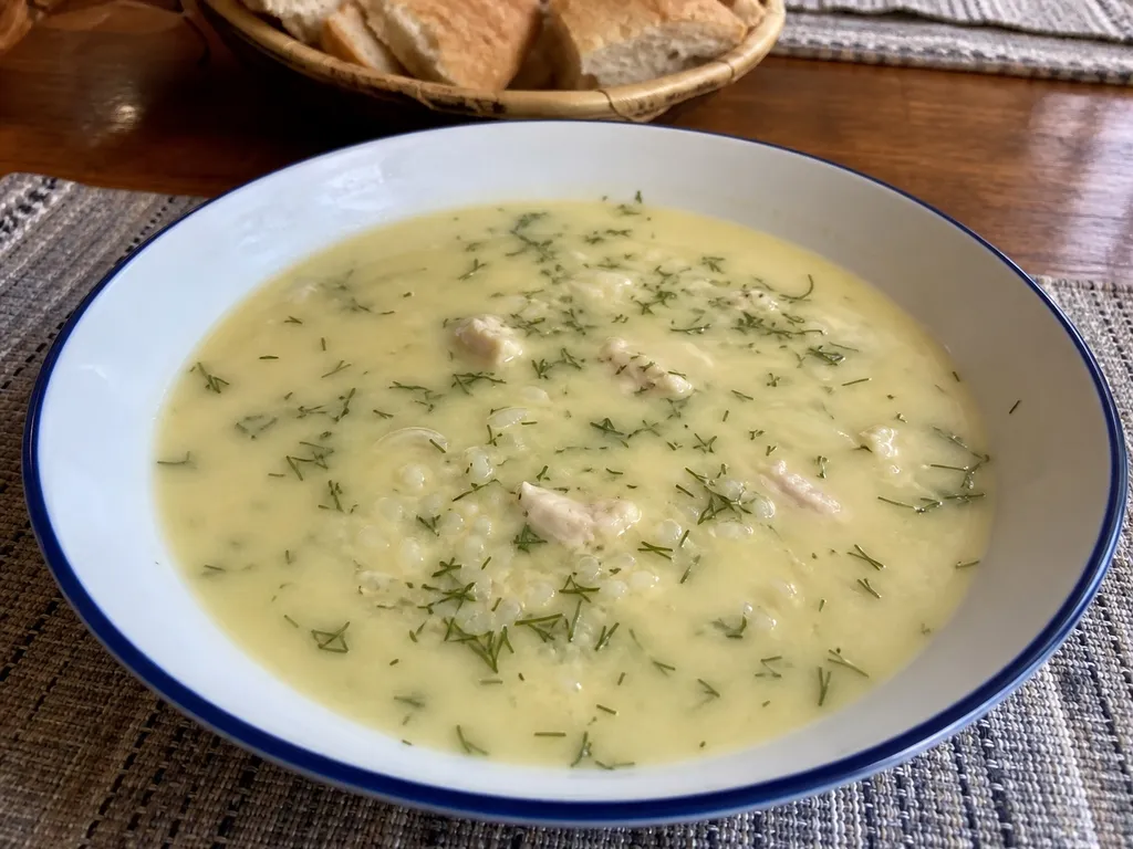 Avgolemono Soup (Greek Lemon Chicken and Rice Soup) — plated and served