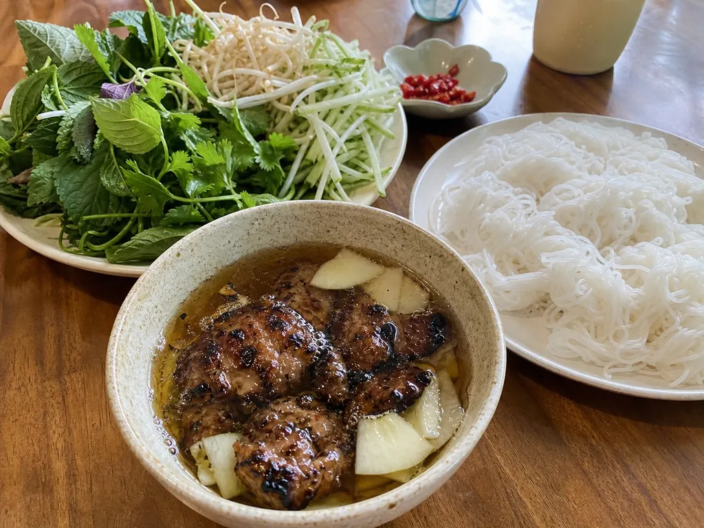 Bún Chả (Grilled Pork with Rice Noodles) — plated and served