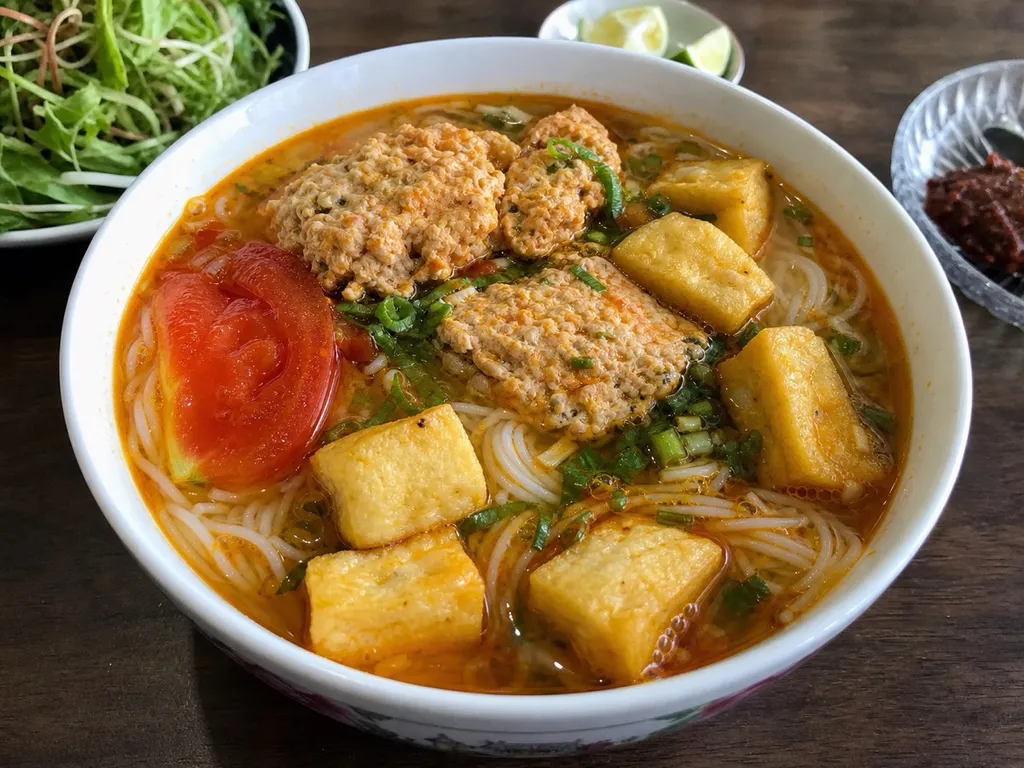 Bún Riêu (Crab Noodle Soup) — plated and served