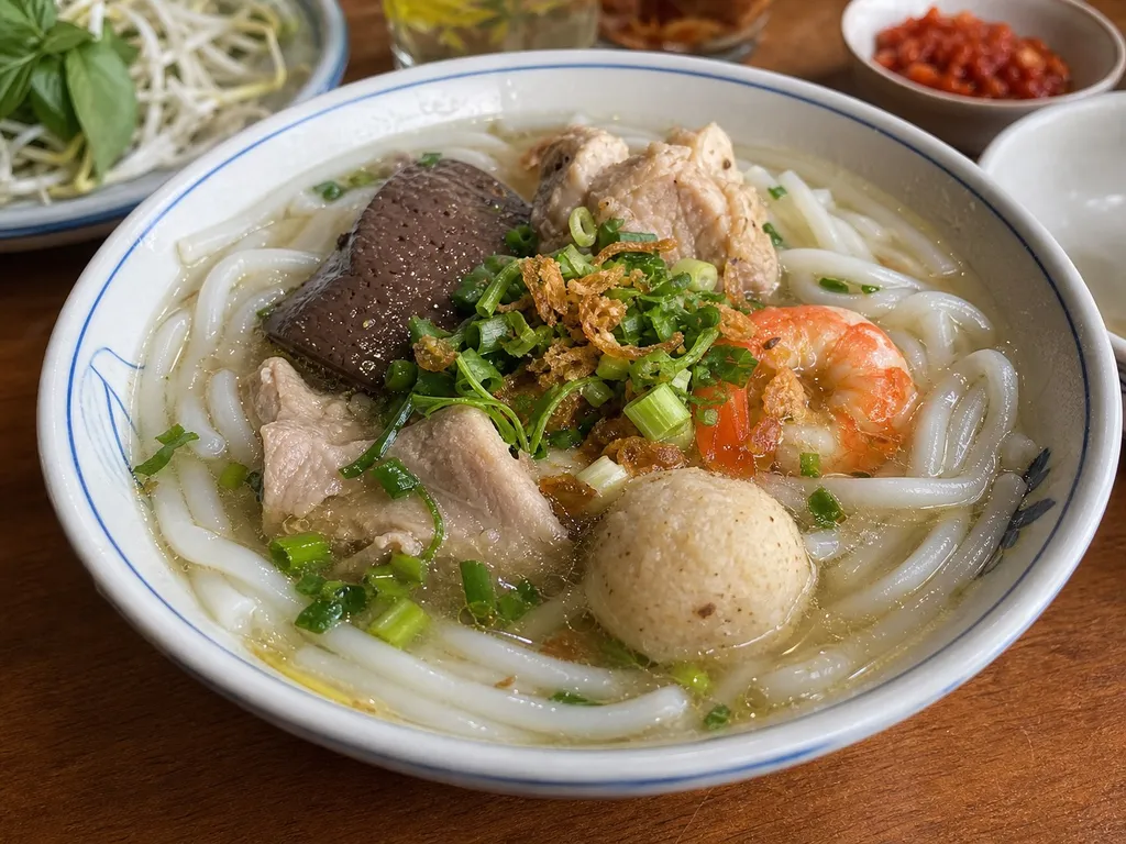 Bánh Canh (Thick Noodle Soup) — plated and served