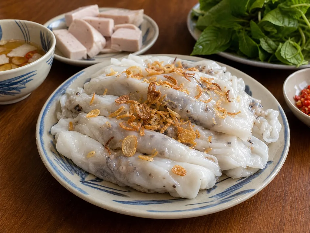 Bánh Cuốn (Steamed Rice Rolls) — plated and served