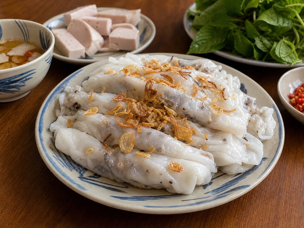 Bánh Cuốn (Steamed Rice Rolls) — served