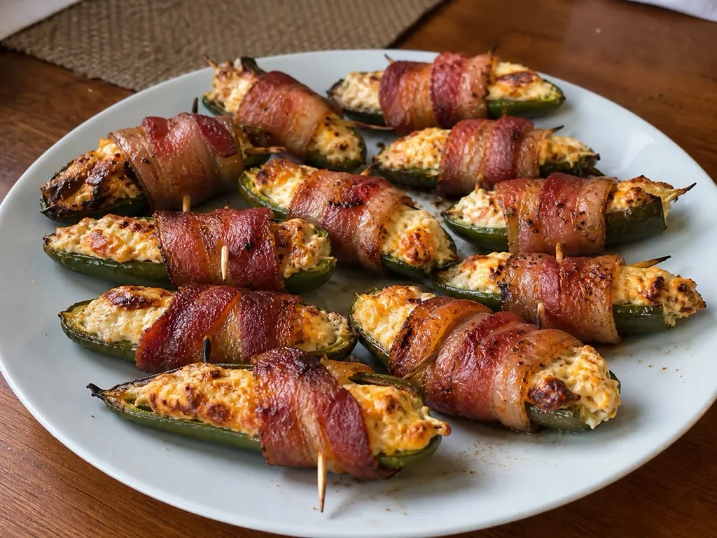 Bacon-Wrapped Jalapeño Poppers — plated and served