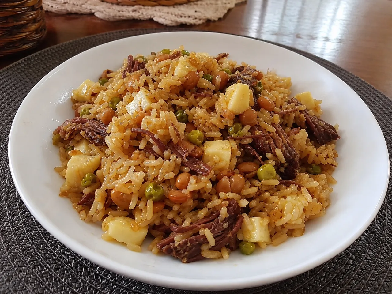 Baião de Dois (Rice and Beans with Cheese) — served