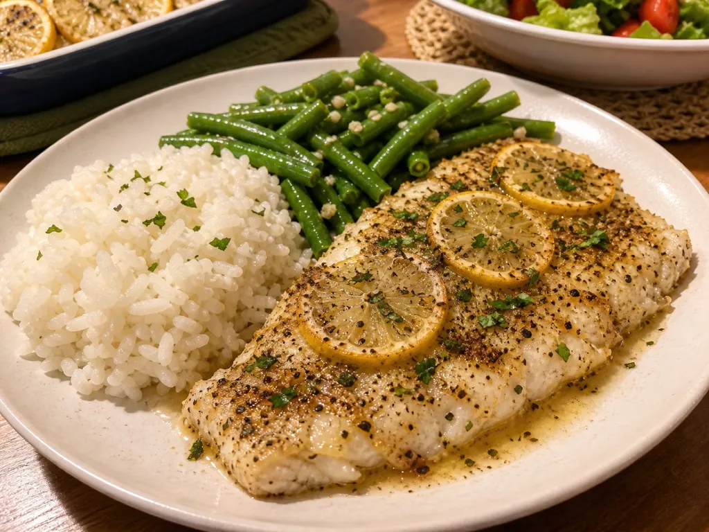 Baked Fish with Lemon & Black Pepper — plated and served