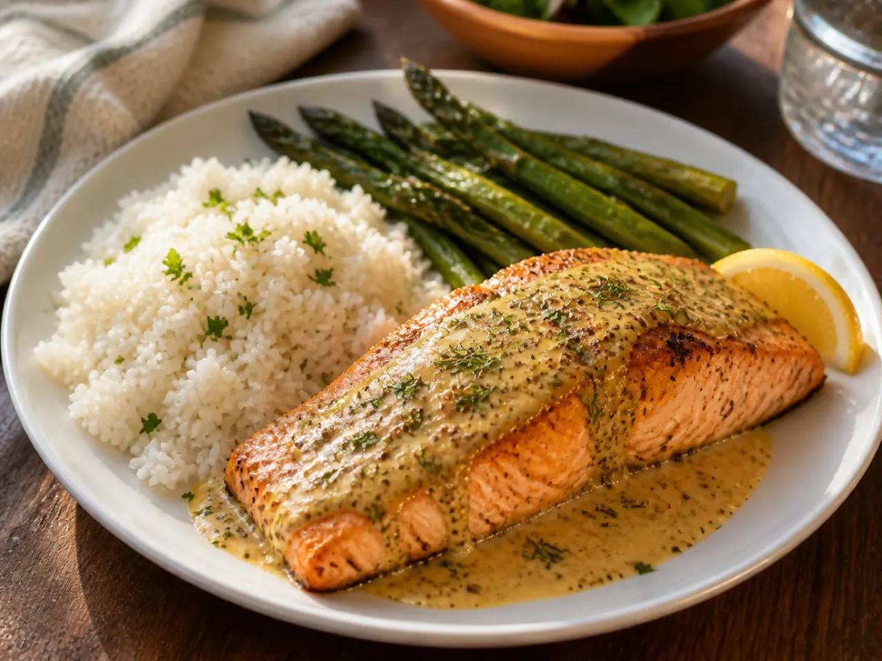 Baked Salmon Fillet With Mustard Sauce — served