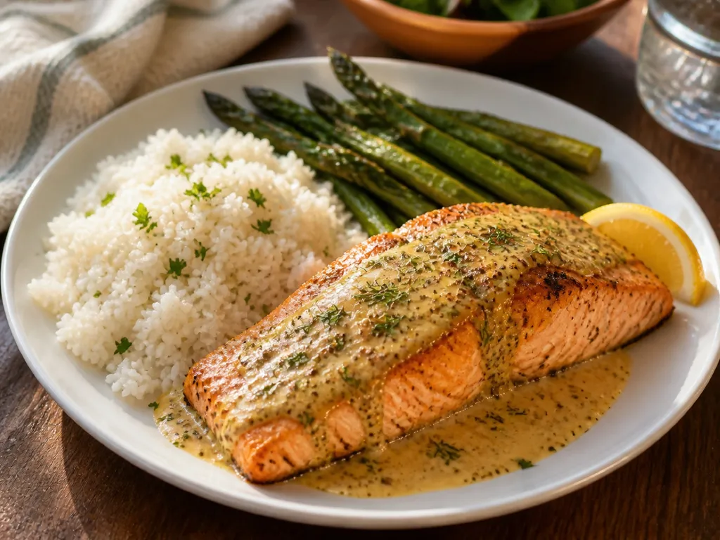 Baked Salmon Fillet With Mustard Sauce — plated and served