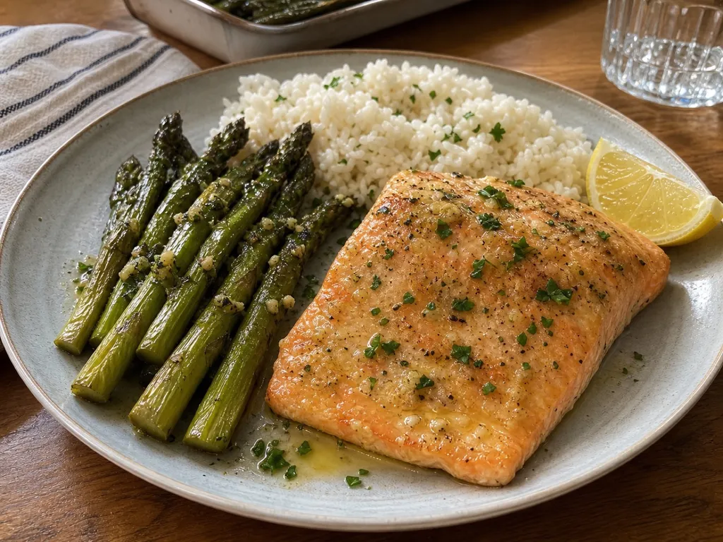 Baked Salmon with Asparagus — plated and served