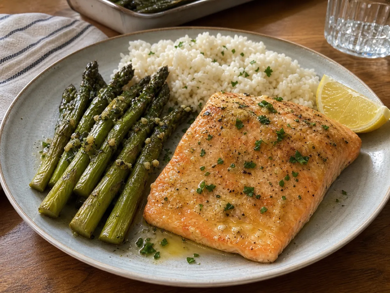 Baked Salmon with Asparagus — served