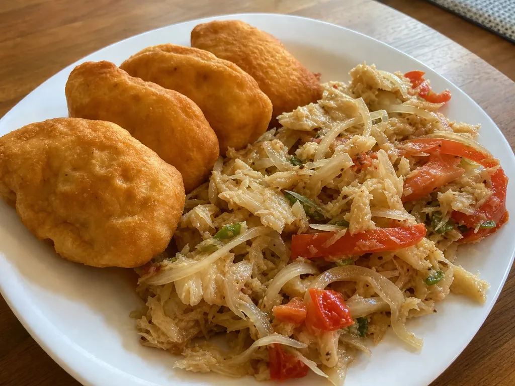 Bakes and Saltfish — plated and served