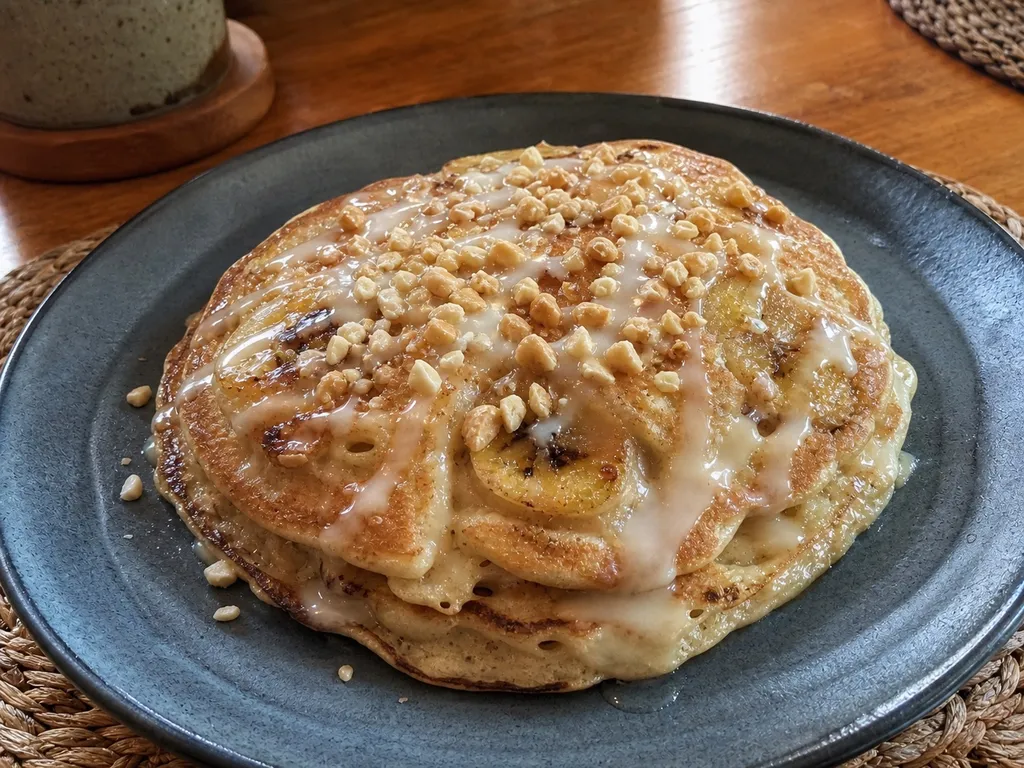 Banana Macadamia Nut Pancakes — plated and served
