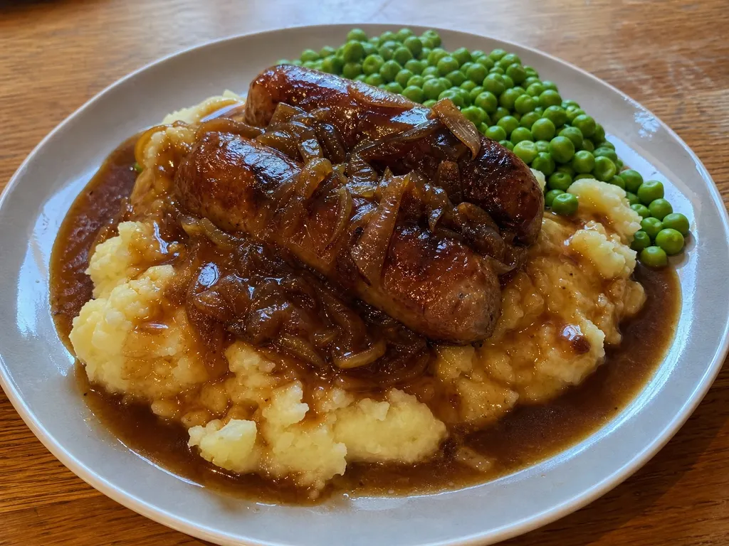 Bangers and Mash — plated and served