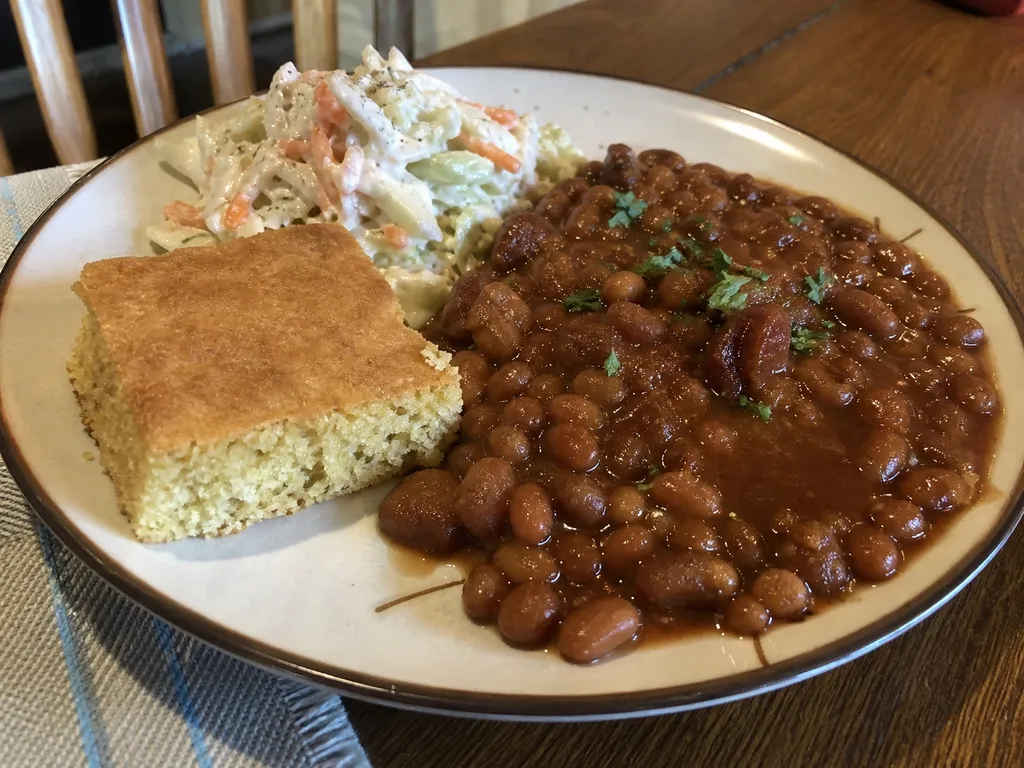 BBQ Baked Beans — plated and served
