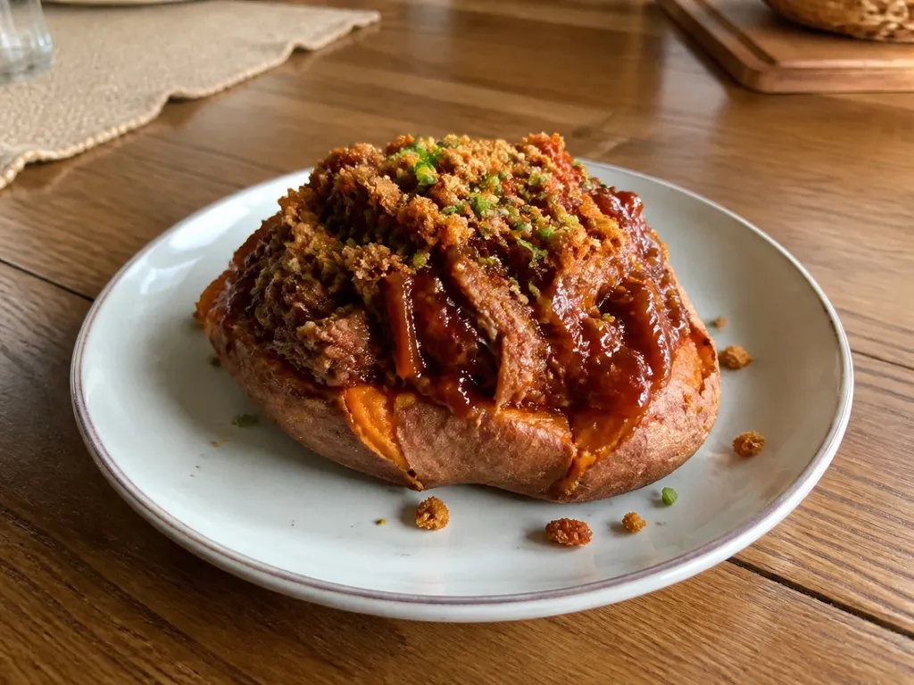 BBQ Pulled Pork Stuffed Sweet Potatoes — plated and served