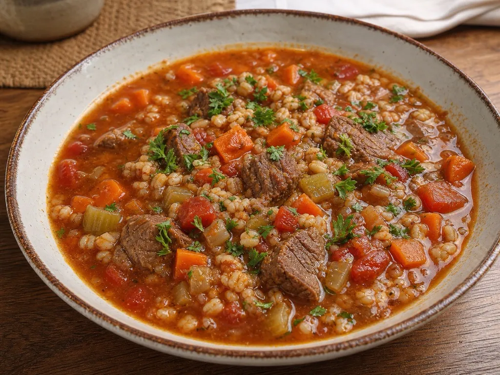 Beef Barley Soup — plated and served