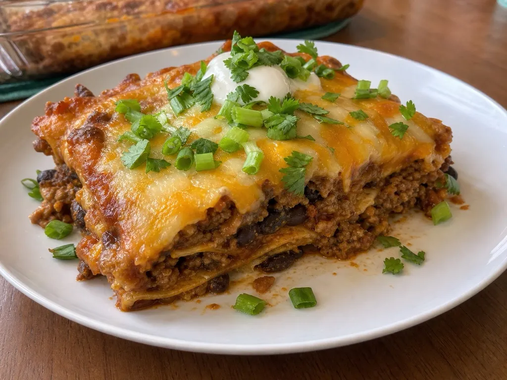 Beef Enchilada Casserole — plated and served