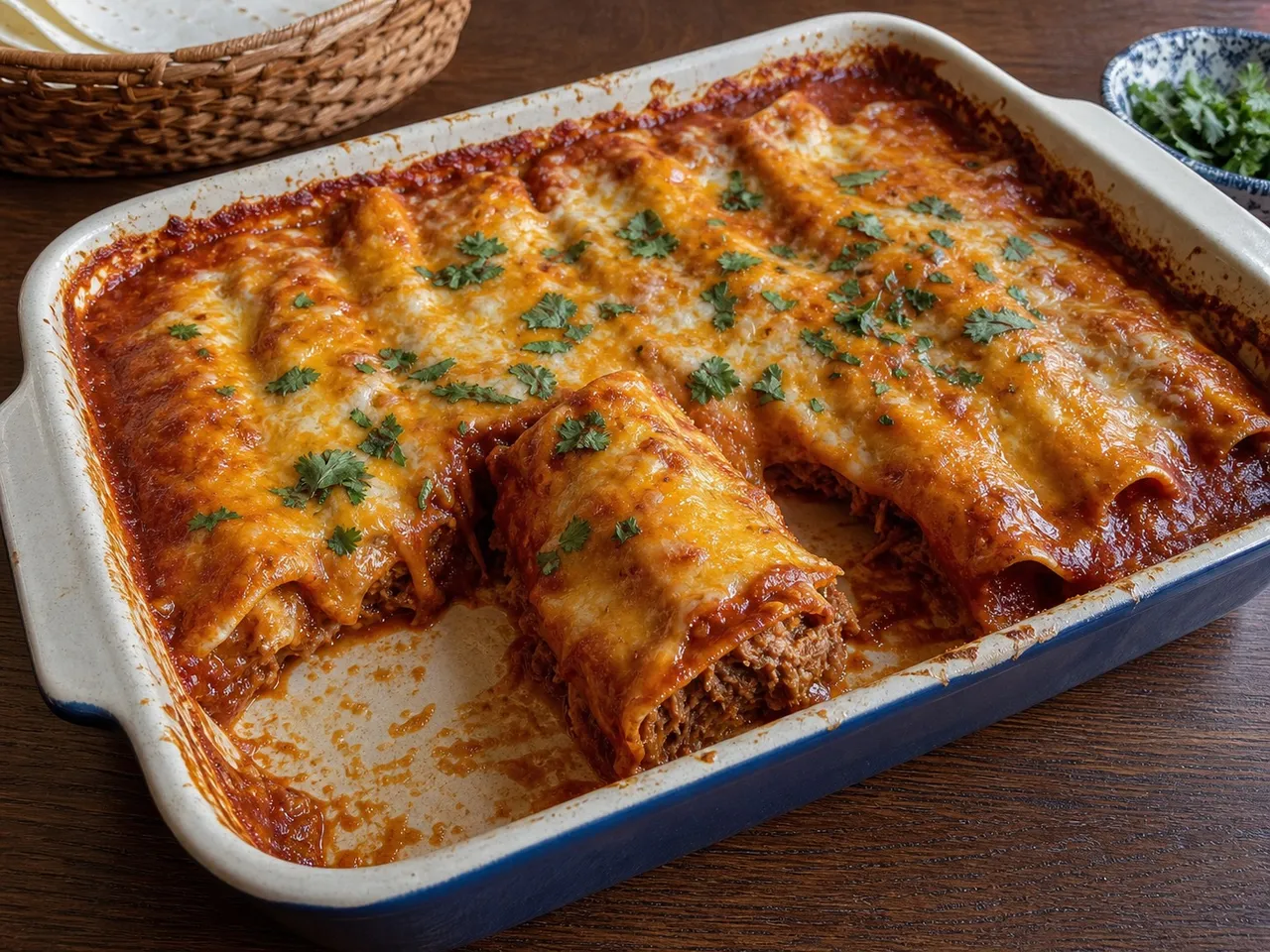 Beef Enchiladas with Red Sauce — served