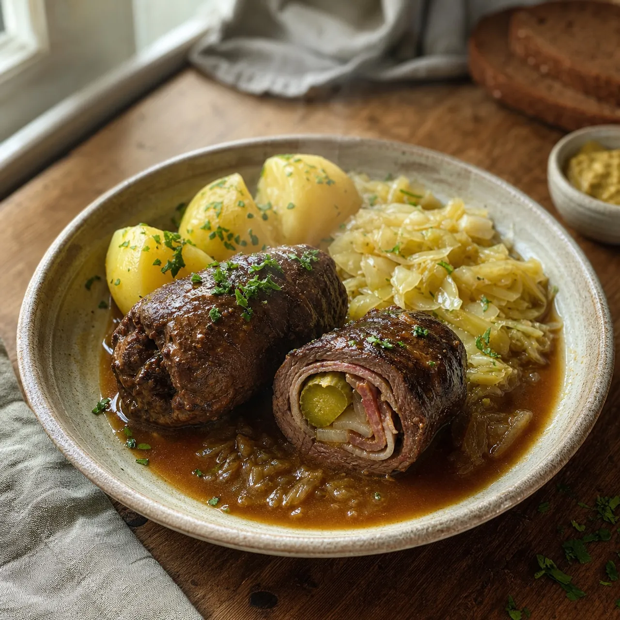 Beef Rouladen with Bacon, Onion, and Pickle — German recipe