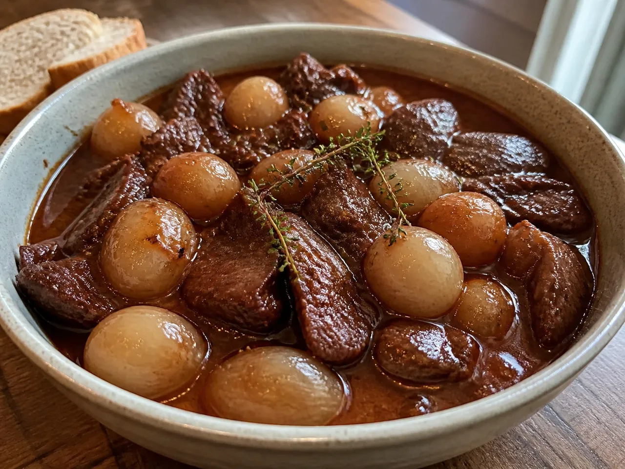 Beef Stifado (Greek Beef and Onion Stew) — served