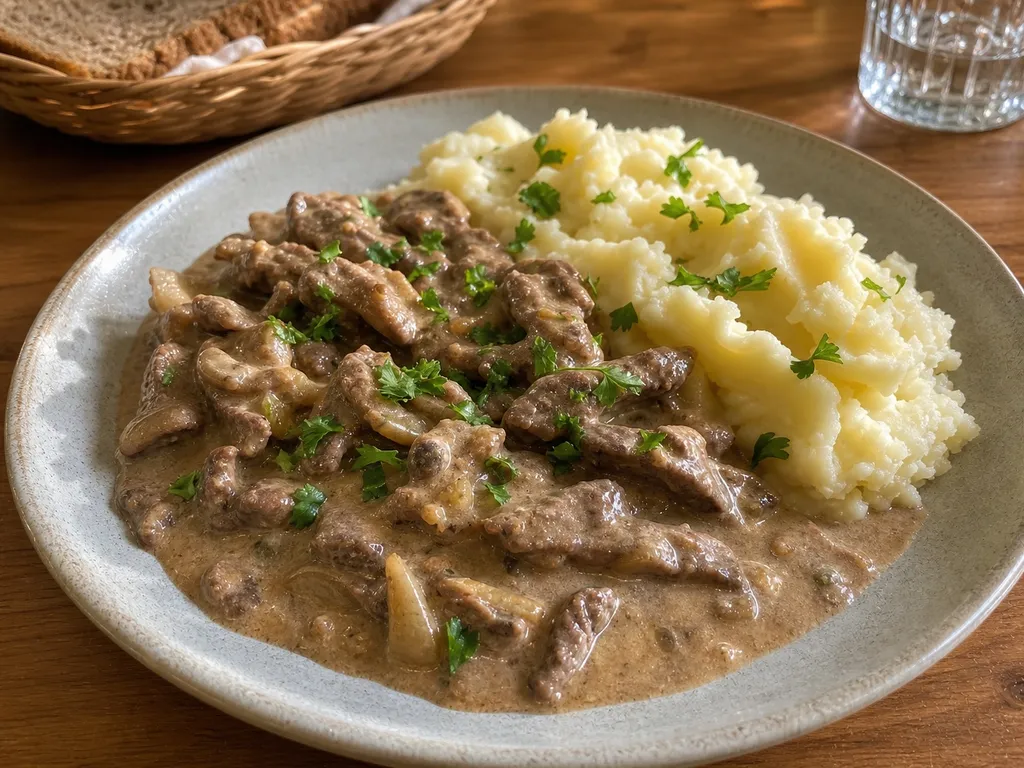 Beef Stroganoff — plated and served