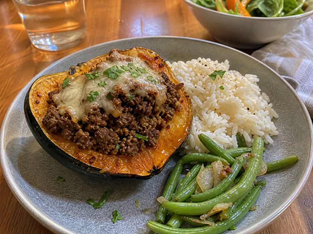 Beef-Stuffed Acorn Squash — plated and served