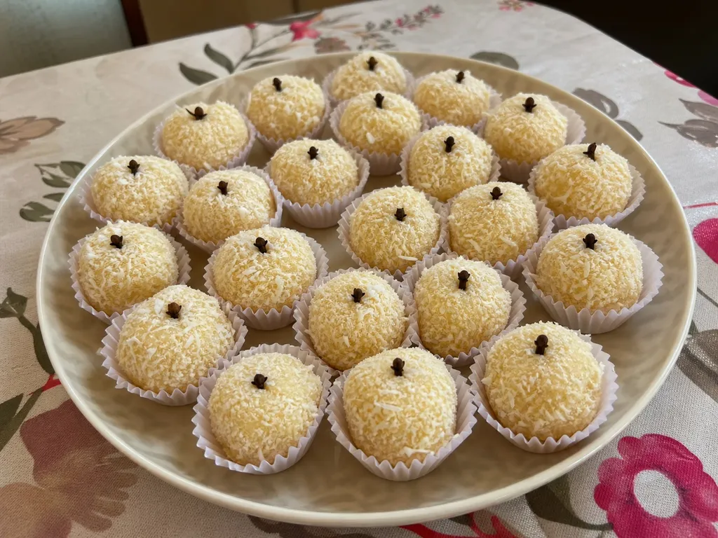 Beijinho (Coconut Truffles) — plated and served