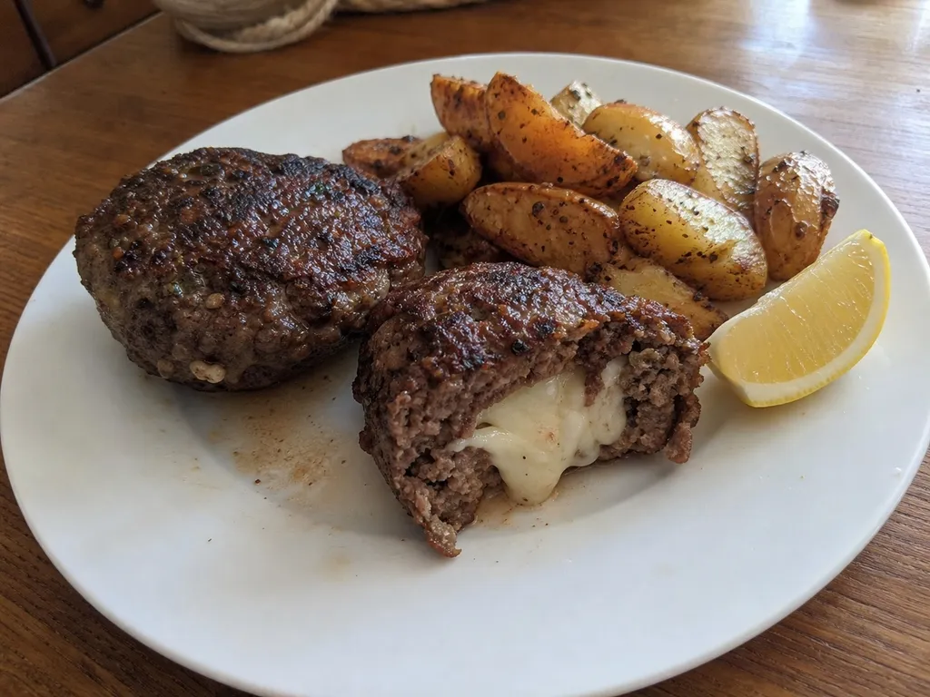 Bifteki (Greek Stuffed Beef Patties with Feta) — plated and served