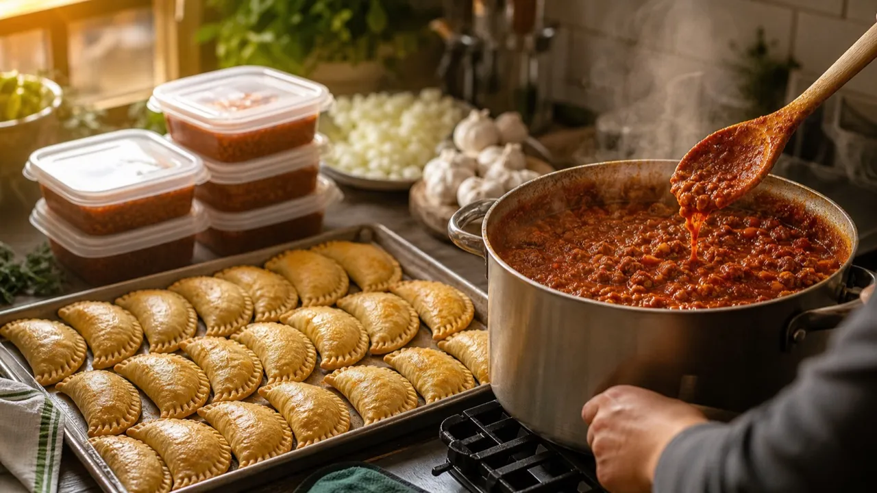A spread of big-batch cooking dishes