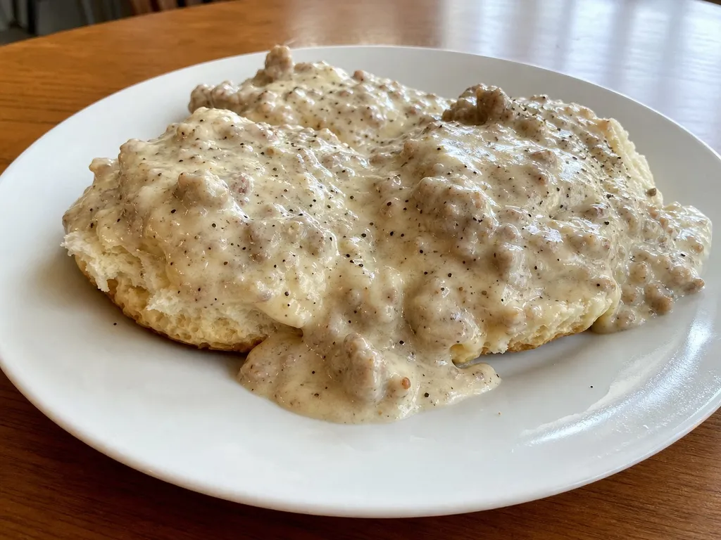 Biscuits and Gravy — plated and served