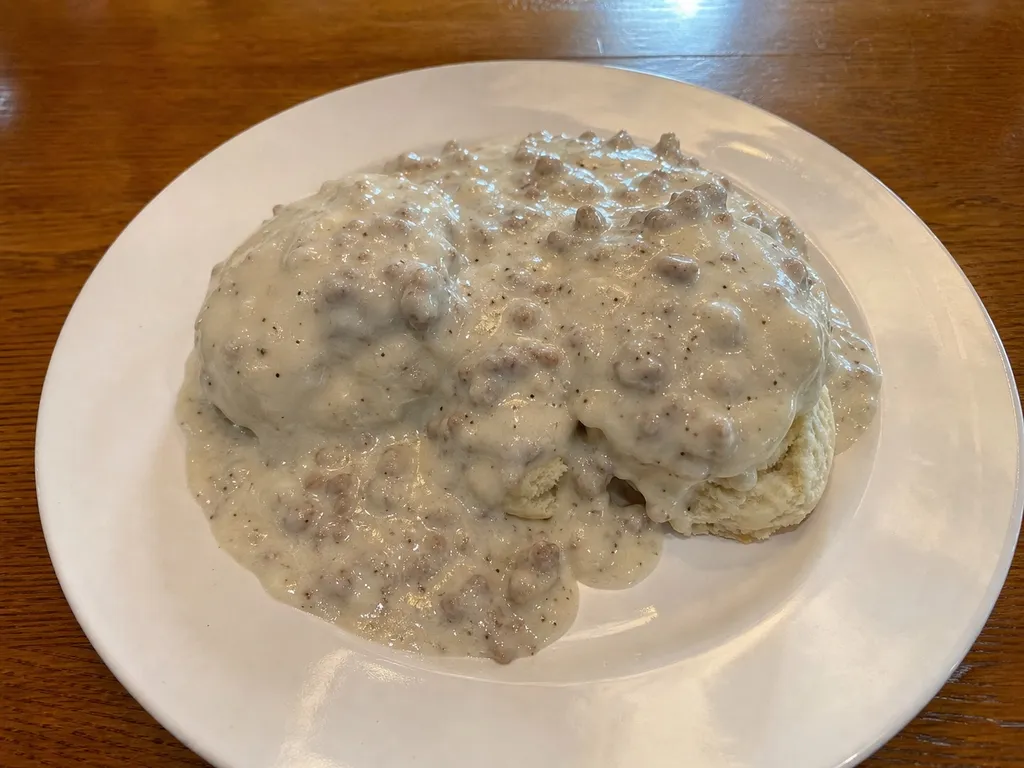 Biscuits and Sausage Gravy — plated and served