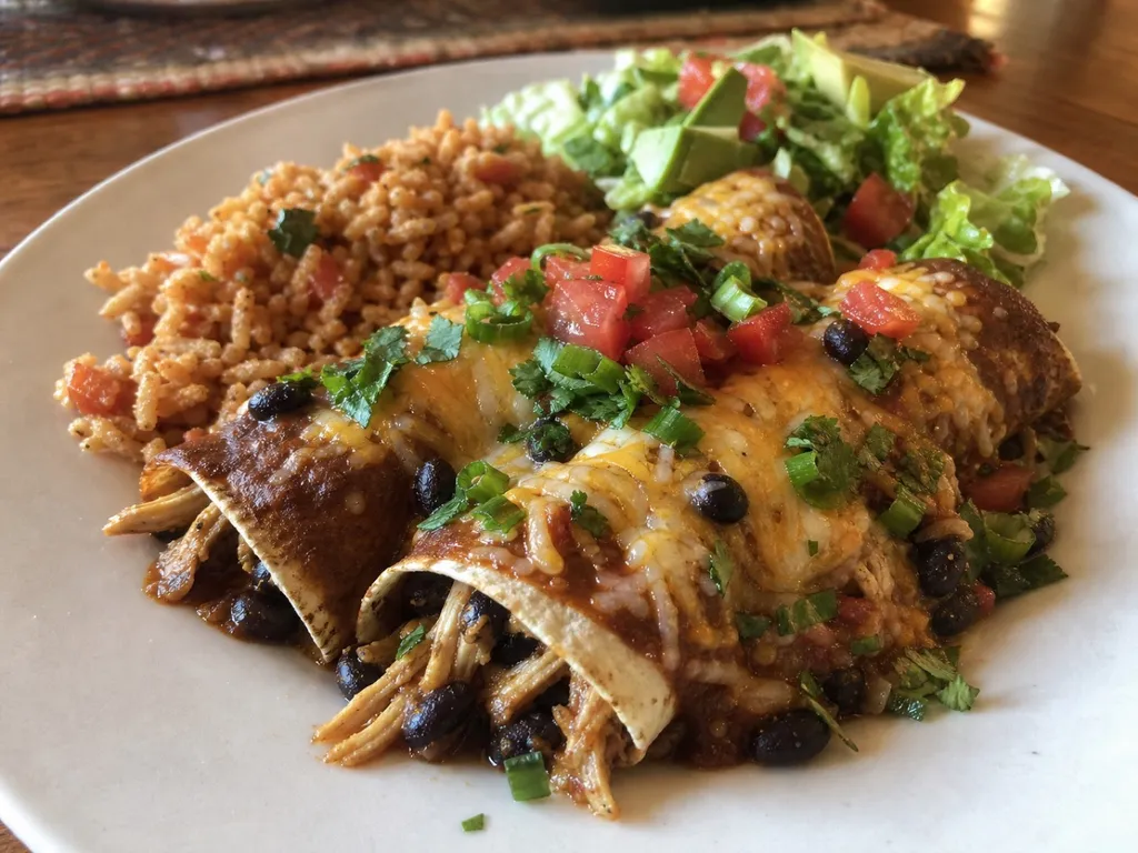 Black Bean Chicken Enchiladas — plated and served