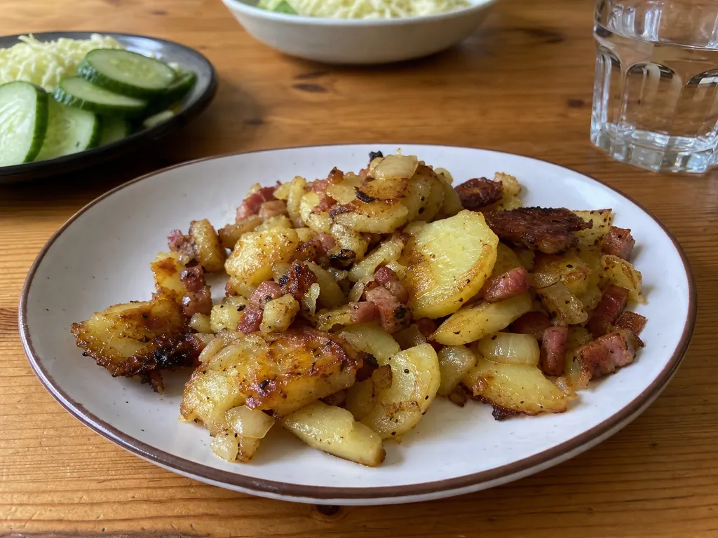 Bratkartoffeln (German Fried Potatoes with Bacon and Onion) — plated and served