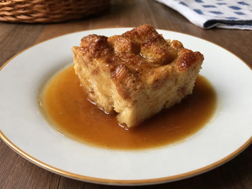 Bread Pudding with Bourbon Sauce — plated and served