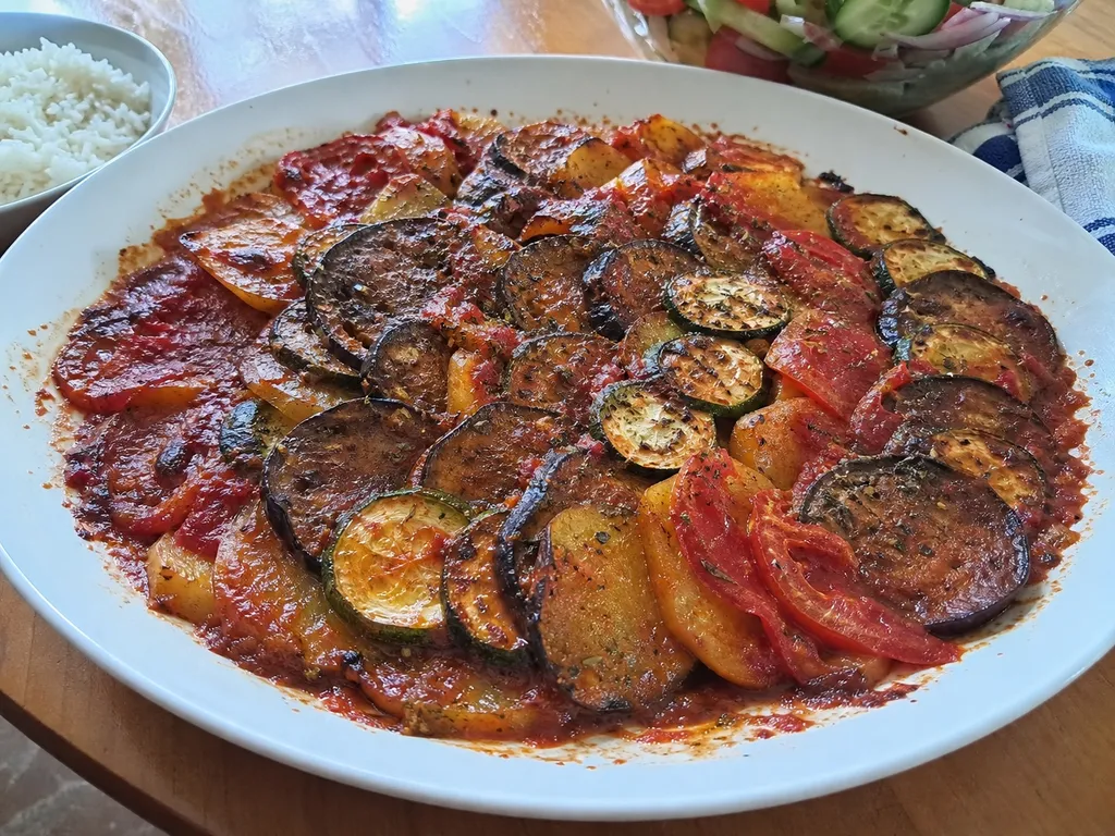Briam (Greek Roasted Vegetable Medley) — plated and served