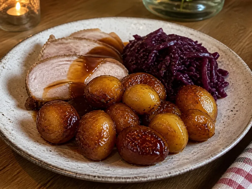 Brunede Kartofler — plated and served