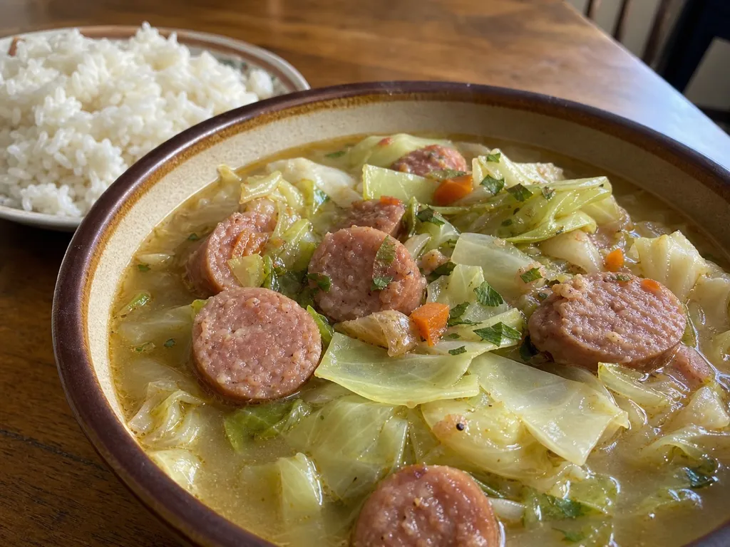Cabbage and Sausage Soup — plated and served