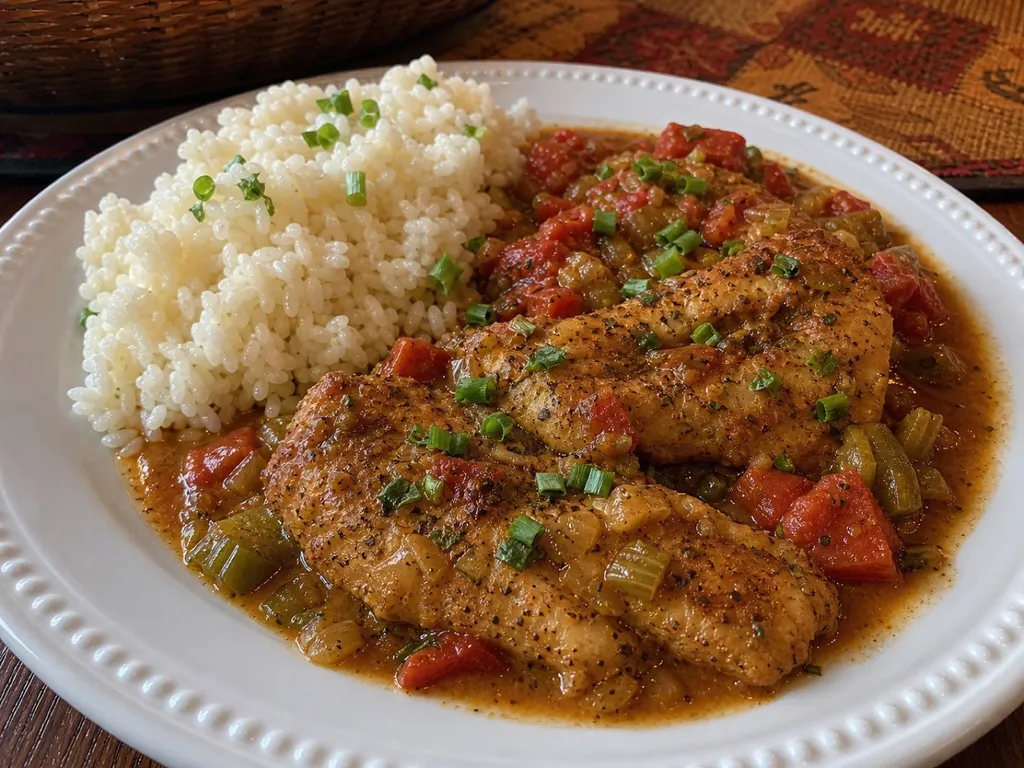 Cajun Catfish Courtbouillon — plated and served