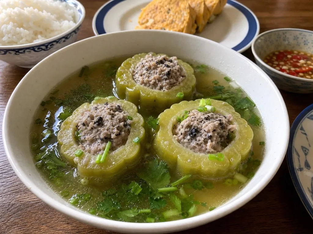 Canh Khổ Qua Nhồi Thịt (Stuffed Bitter Melon Soup) — plated and served