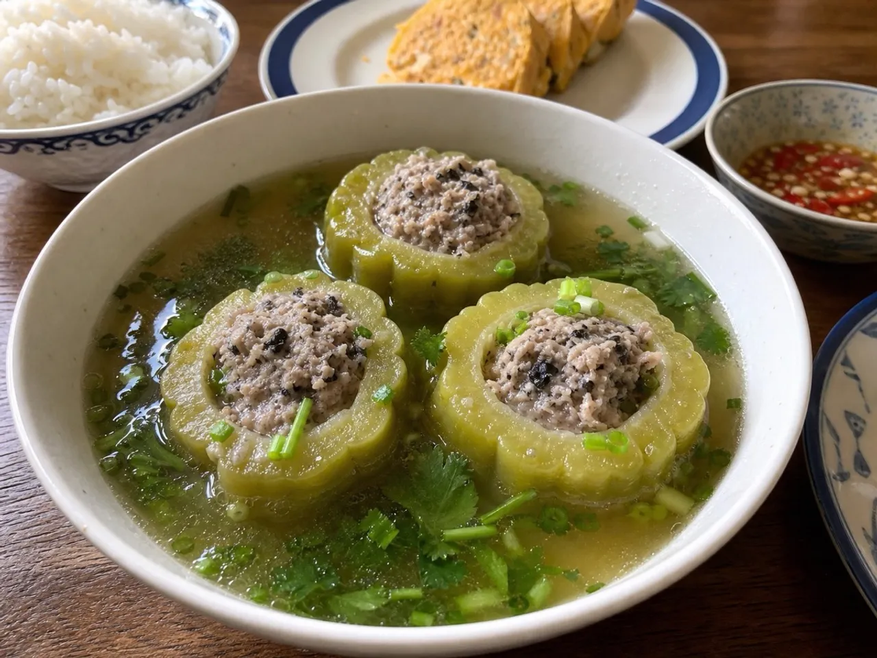 Canh Khổ Qua Nhồi Thịt (Stuffed Bitter Melon Soup) — served