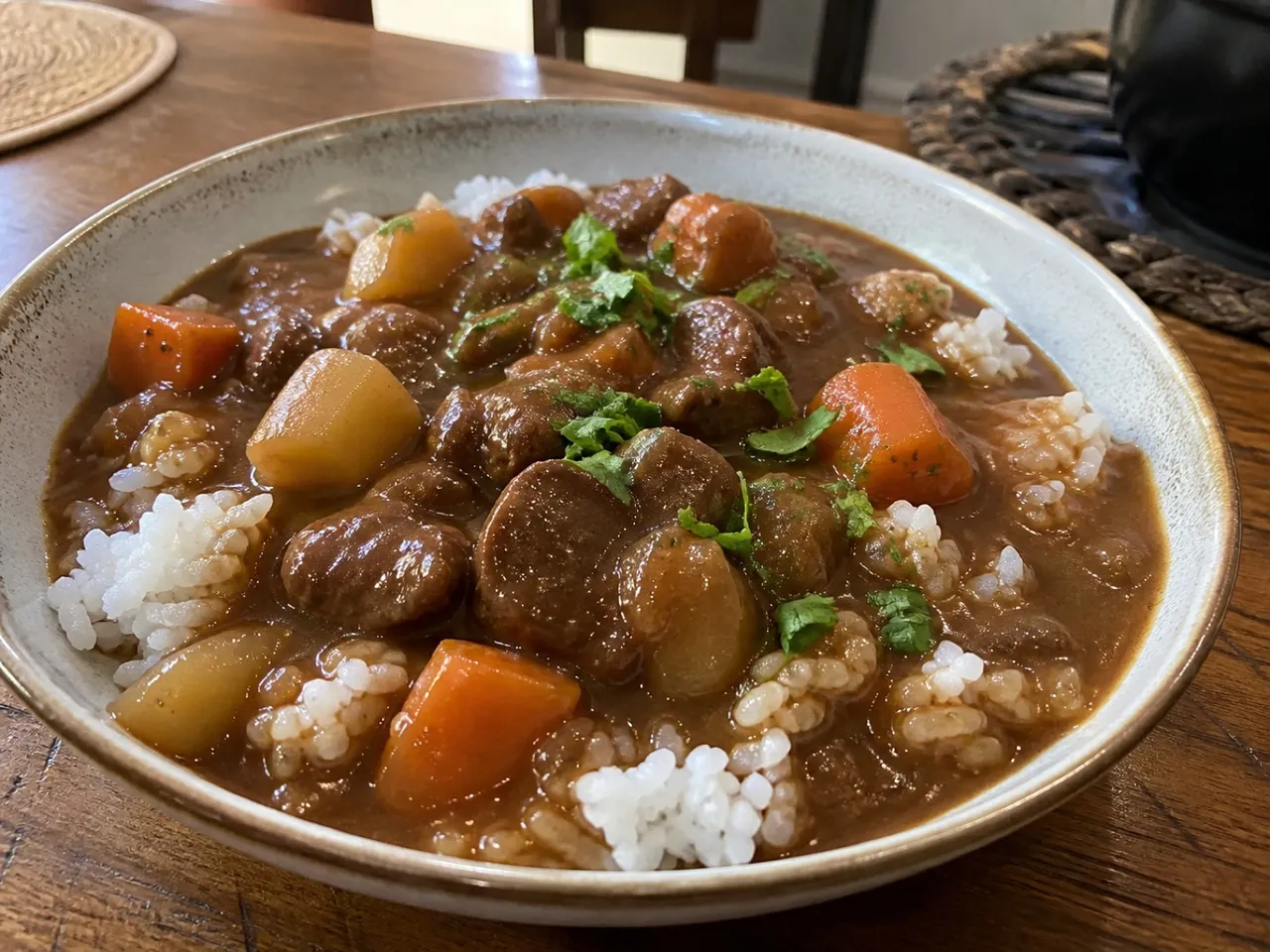 Canned Beef Stew Over Rice — served