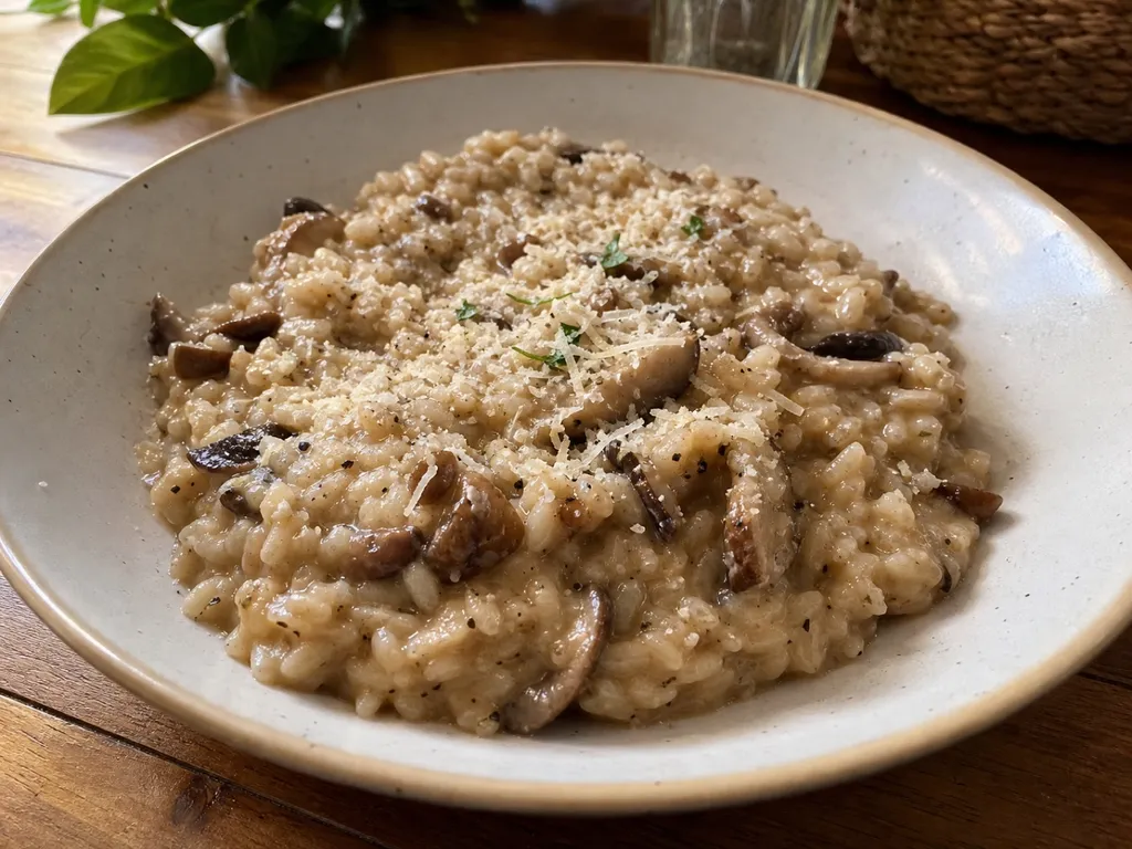 Canned Mushroom Risotto — plated and served